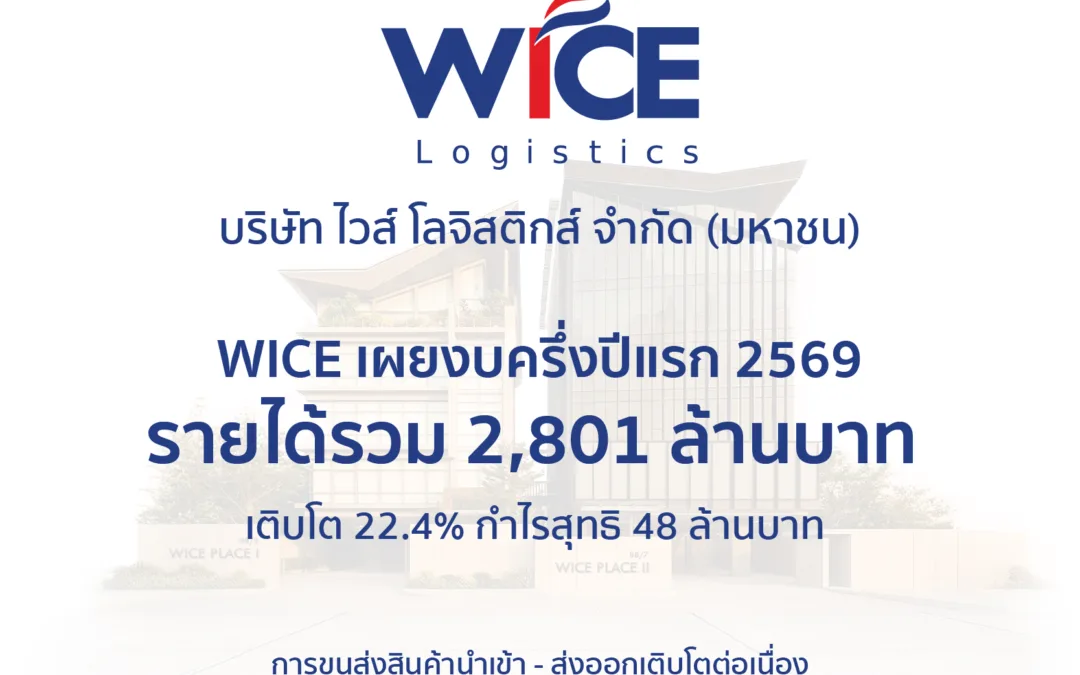 WICE เผยงบครึ่งปีแรก 2569 รายได้พุ่ง 22.4%   เร่งบริหารต้นทุน-จัดการเที่ยวขนส่ง ดันกำไรแกร่งสะท้อนวอลุ่มโตต่อเนื่อง